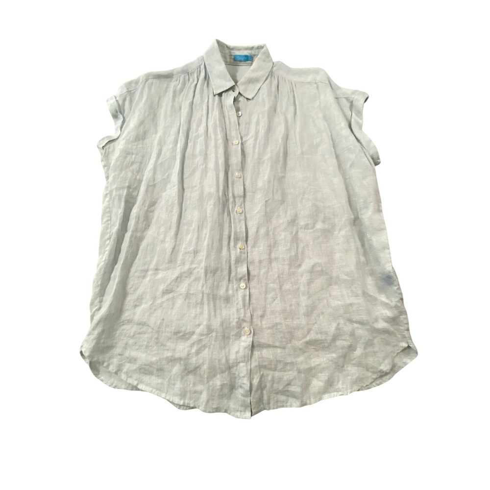 J.McLaughlin Womens Blue White Pinstripe Linen Short Sleeve Button Down Shirt M